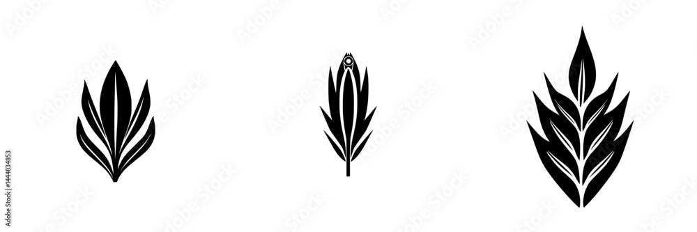Poster silhouette pictogram icons set showcasing various leaf shapes in a minimalist design for nature and 