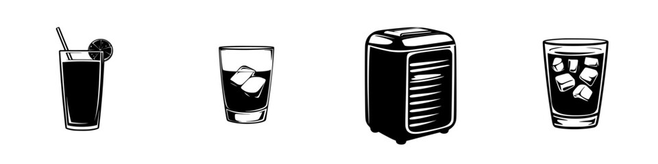 Collection of silhouette pictograms featuring drinks, ice, and a home appliance for beverage preparation