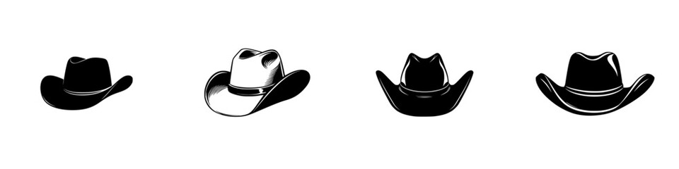 Stylized silhouette pictograms representing different types of cowboy hats in a seamless vector illustration design suitable for various uses