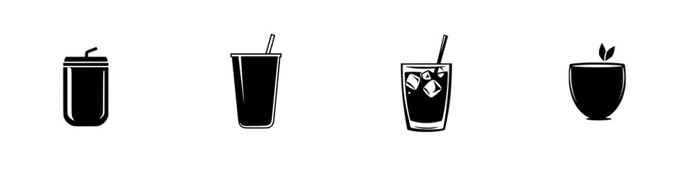 Silhouette pictograms of various beverage containers including cups, glasses, and bowls for versatile design applications