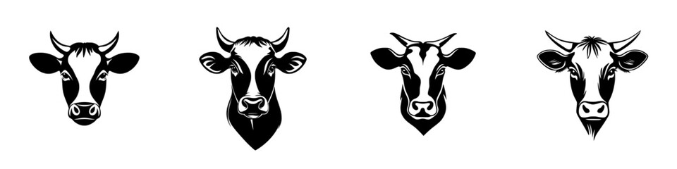 Silhouette pictogram icons set featuring different cow head designs for agricultural and dairy themed projects