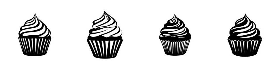 Silhouette pictograms of various cupcake designs in black and white colors for culinary representation and decoration