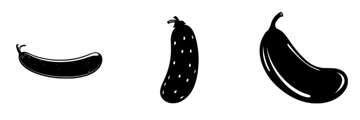 Silhouette pictograms of three distinct vegetables representing cucumbers and eggplants in a minimalistic design style