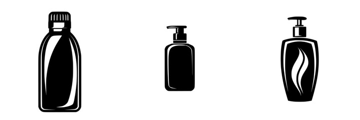 Pictogram set of silhouette bottles for personal care products featuring various shapes