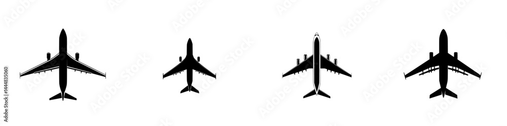 Poster silhouette pictogram of various airplane designs in a vector icon set showcasing different aircraft 