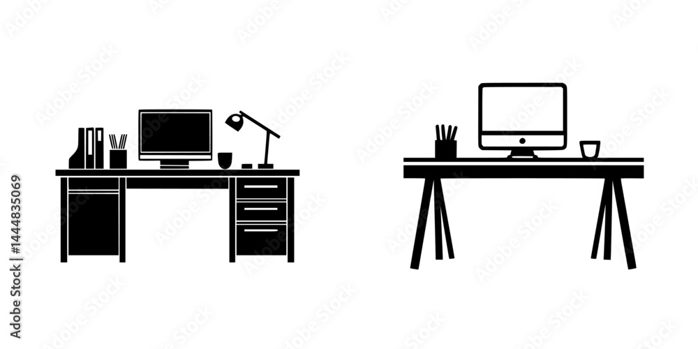 Poster silhouette pictogram of modern workstations showing desk setup with computer and office items in a m