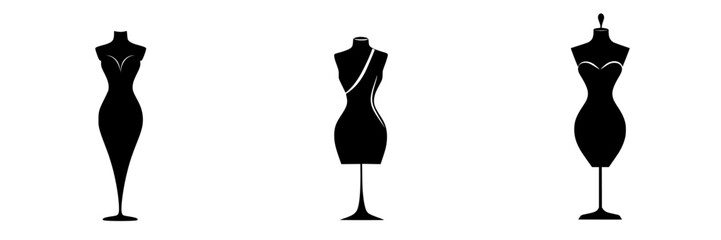 Silhouette pictograms of dress forms representing various styles for fashion design and tailoring concepts