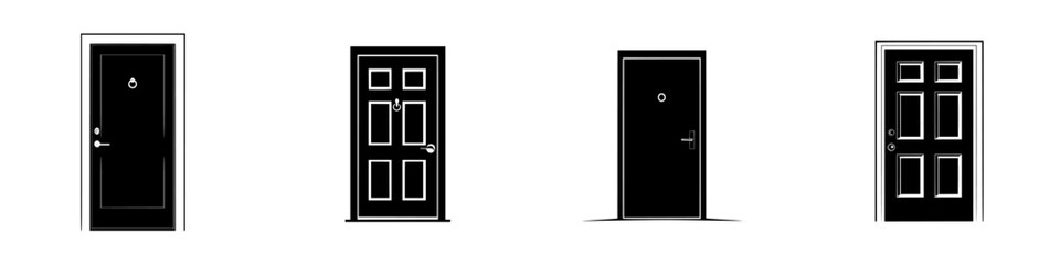 Unique silhouettes of various door designs showcase architectural diversity in simple vector illustration format
