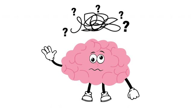 Human brain vector cartoon animation. Busy bad brain with chaos tangled line. Overthinking, Mental Health. looping video
