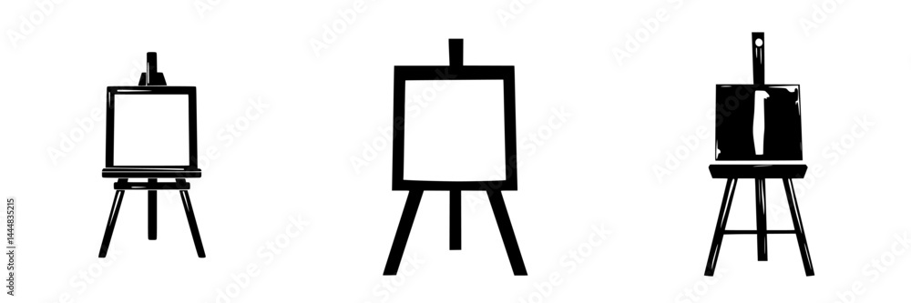 Poster silhouette pictogram of easels set in a minimalistic design showcasing three unique styles for artis