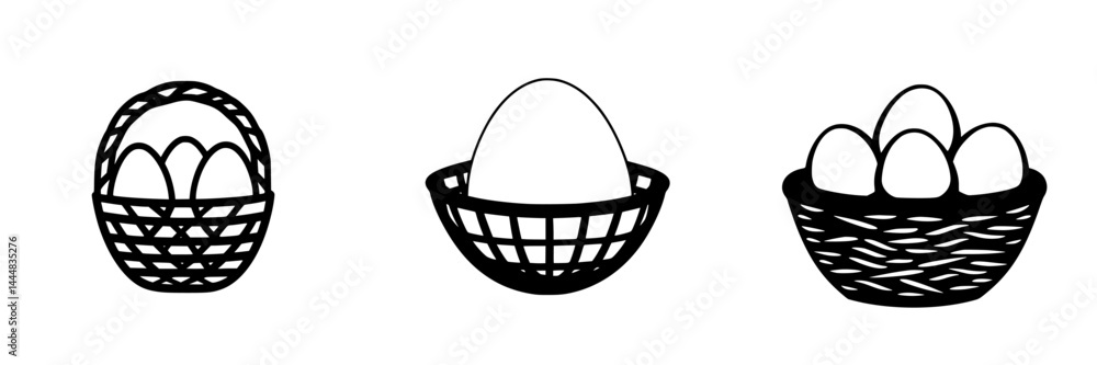 Poster silhouette pictograms of baskets with eggs in various shapes and styles on a plain background for cr