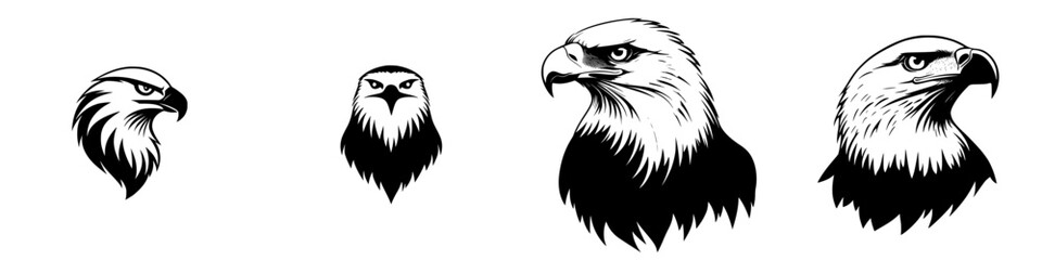 Fototapeta premium Silhouette pictogram set featuring various eagle head designs showcasing unique styles and expressions for graphic use