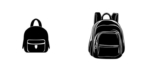 Silhouette pictograms of backpacks in various styles for education and travel use