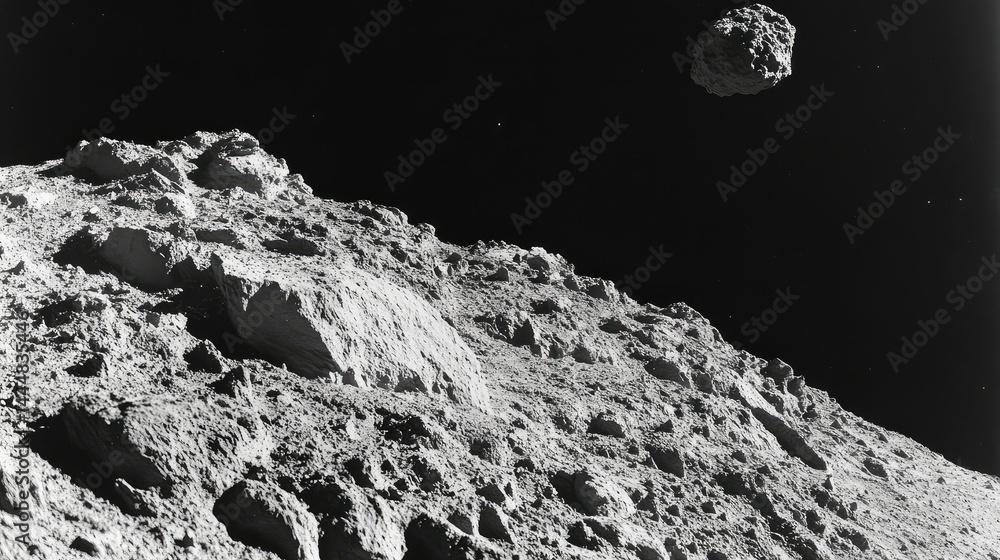Poster captivating black and white image of a moon's surface with a distant asteroid floating in space capt