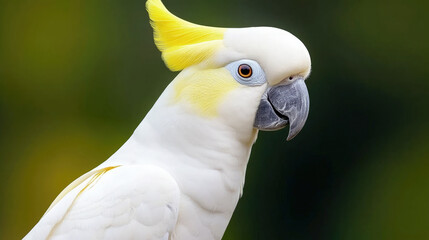 Close-up of a white cockatoo with yellow crest against a soft green background, highlighting its sharp beak, vivid eye, and fine feather detail.