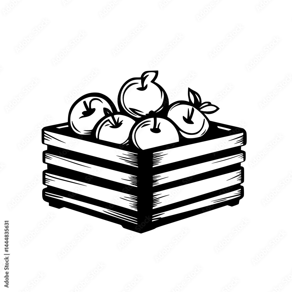 Poster collection of apples in a rustic wooden crate with a simple design suitable for various projects and