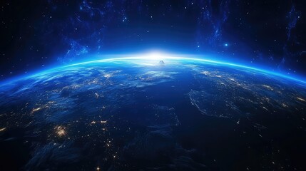 Fototapeta premium Stunning View of Earth from Space at Dawn, Capturing the Blue Planet with Atmospheric Glow and Glimmering City Lights Visible on the Surface Against a Starry Sky