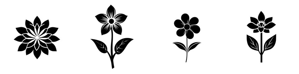 Silhouette pictograms of various flower designs showcasing unique shapes and details for graphic and design use