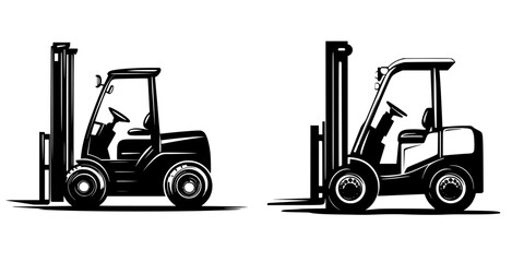 Silhouette pictogram icons of forklifts in different positions demonstrating industrial logistics and material handling