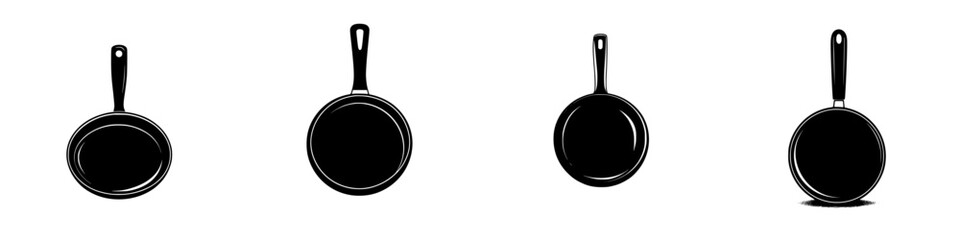 Different silhouettes of cooking frying pans illustrating various angles and perspectives in vector style for graphic design