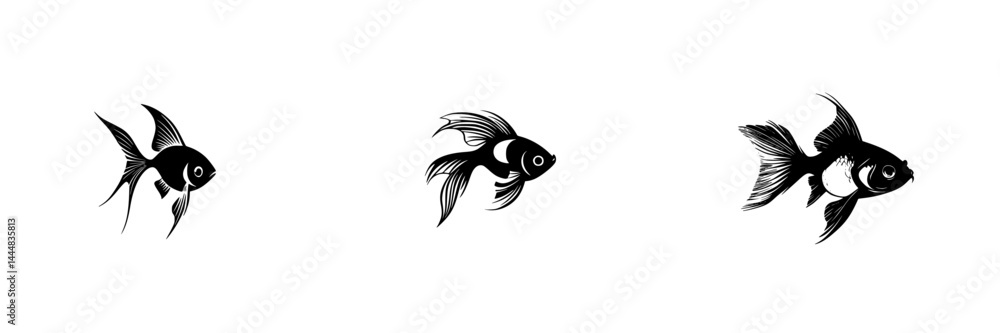 Poster silhouette pictogram icons of three different goldfish swimming in various positions while isolated 