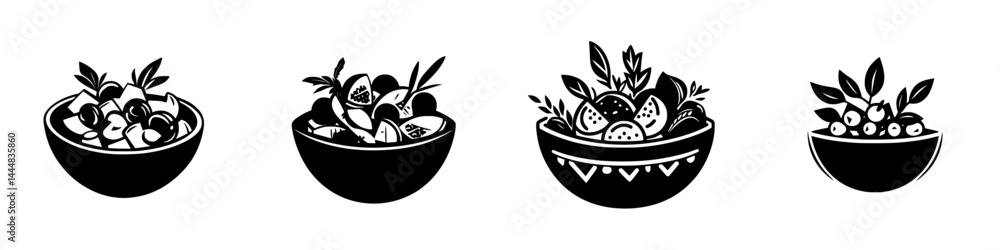 Poster silhouette pictograms of various bowls filled with different types of fruits and vegetables displaye