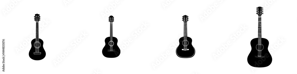 Poster silhouette pictogram icons of various guitars showcasing different styles and designs in a minimalis