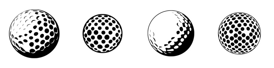 Silhouette pictograms of golf balls with varying designs showcasing different textures and patterns in a simple vector format