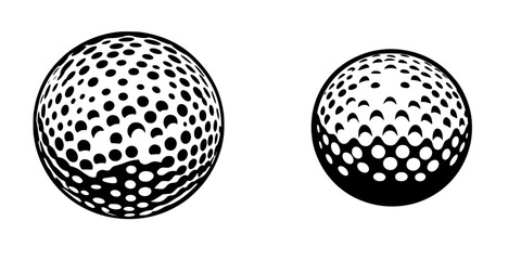 Set of two distinct golf ball silhouette pictograms showcasing different designs and patterns in a minimalist style