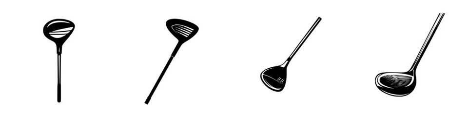 Silhouette pictograms featuring various golf club designs isolated on white background