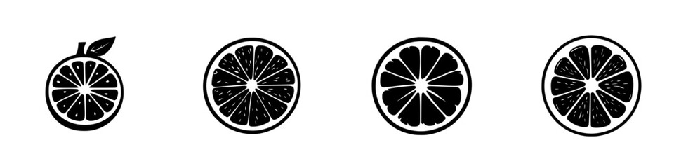 Icons of citrus fruits showcased as silhouettes, highlighting orange and lime variations in a minimalist design style