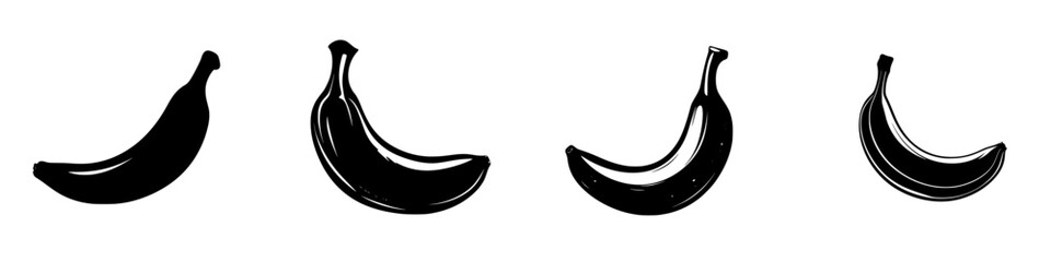 Silhouette pictogram set of bananas in various orientations for graphic design projects