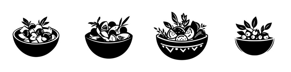 Silhouette pictograms of various bowls filled with different types of fruits and vegetables displayed in a minimalist style