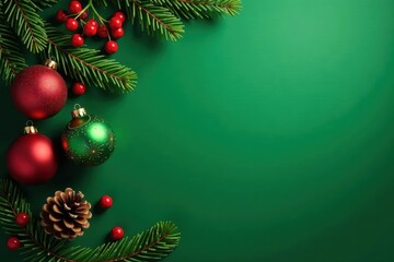 Emerald green background, festive ornaments, pine cones, berries , festive, silver