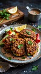 Lentil and corn patties with tahini sauce, cucumber, pepper and parsley