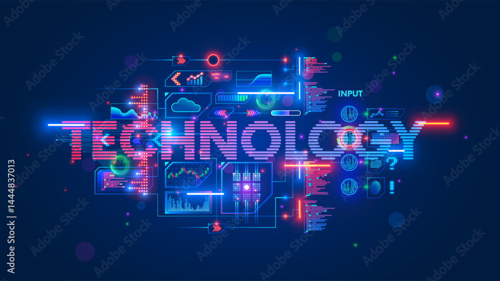 Aufkleber Information Technology Concept. Futuristic Digital word technology with computers tech icons, graphs data, code program. Technology and Science background vector Illustration. Retro futurism.