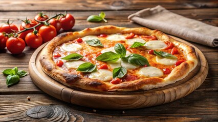 Classic Italian pizza on a rustic wooden plate with a crispy crust and melted mozzarella cheese