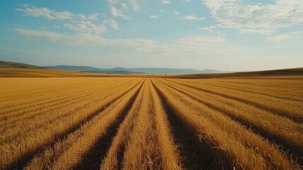 Expansive Wheat Field Under Blue Sky with Soft Clouds and Gentle Hills in the Background Creating a Serene Agricultural Landscape Perfect for Nature and Farming Themes