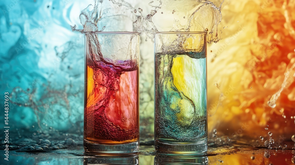 Aufkleber vibrant colors collide: splashing drinks in two glasses representing refreshing beverages with dynam