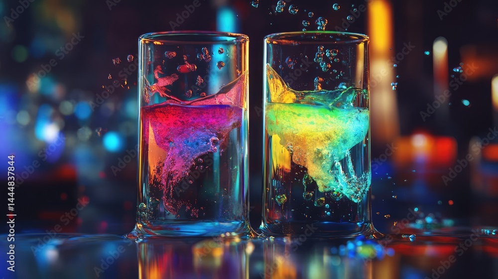 Poster colorful splashes in transparent glasses with bubbles against a blurred background featuring dynamic