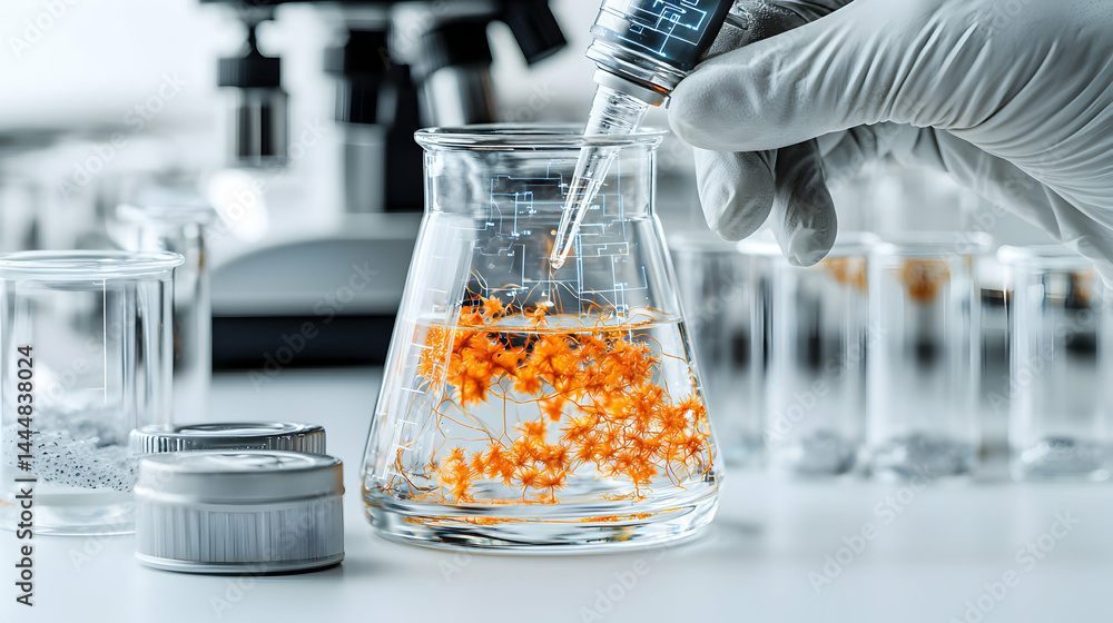 Poster a scientist carefully adds liquid from a dropper into a beaker containing a solution and abstract or
