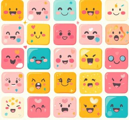 Obraz premium A collection of vibrant emoticons set against a flat emoji background