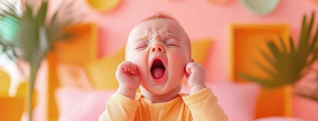 Naklejka premium Adorable yawning baby in yellow outfit against colorful pastel background, expressing tiredness and innocence with a cute facial expression.