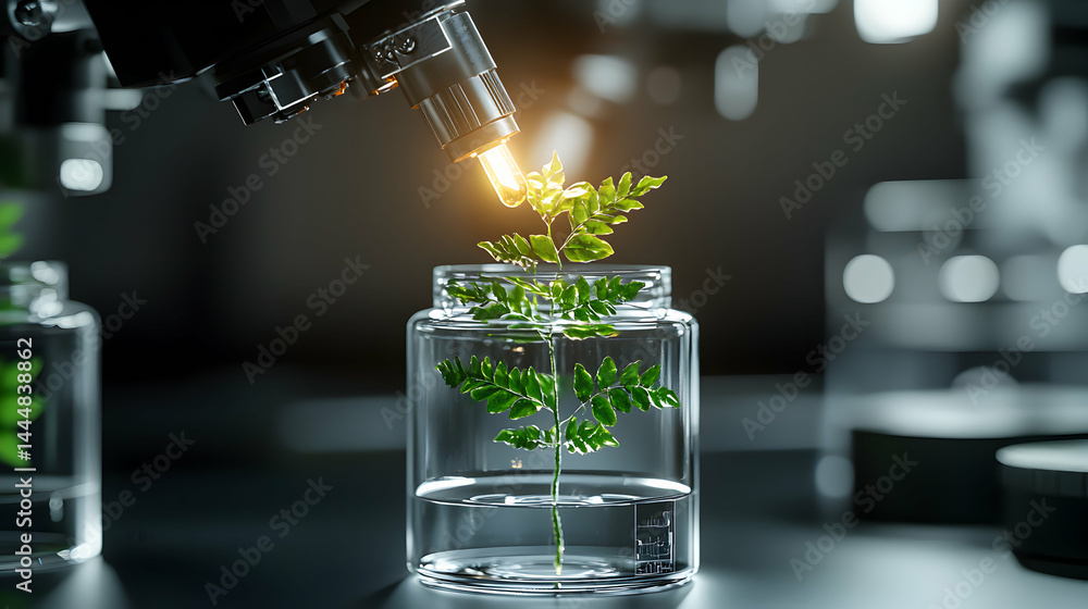 Poster scientific experiment showing plant growth in a lab setting illuminated by a microscope. suggests in