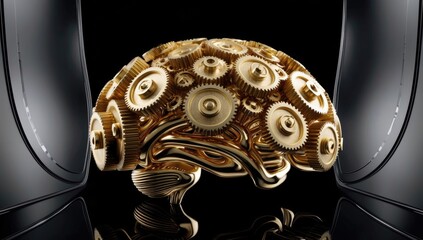 Golden gears forming a brain on black background: artificial intelligence concept