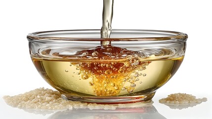 Golden cooking oil pours into a clear glass bowl next to uncooked rice grains on a white background.