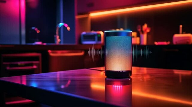 Compact voice controlled speaker on table in clean kitchen, supports digital kitchen tasks, smart kitchen compatible device