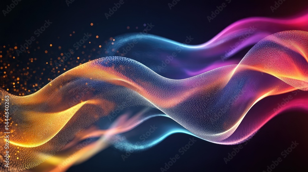 Poster abstract colorful waves of light flowing smoothly through a dark background, creating a magical glow