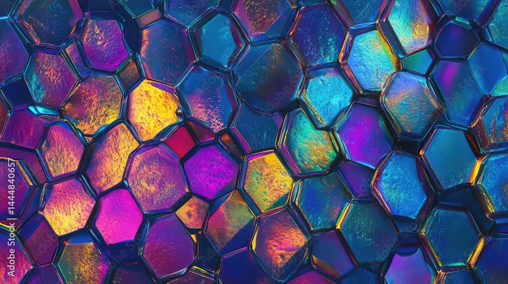 Poster vibrant hexagonal patterns with reflections and color gradients in abstract design showcasing intric