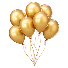 Celebrate a happy birthday or anniversary with a bunch of colorful helium balloons, including golden and yellow party decorations isolated on white, tied with ribbon and string for a fun festival